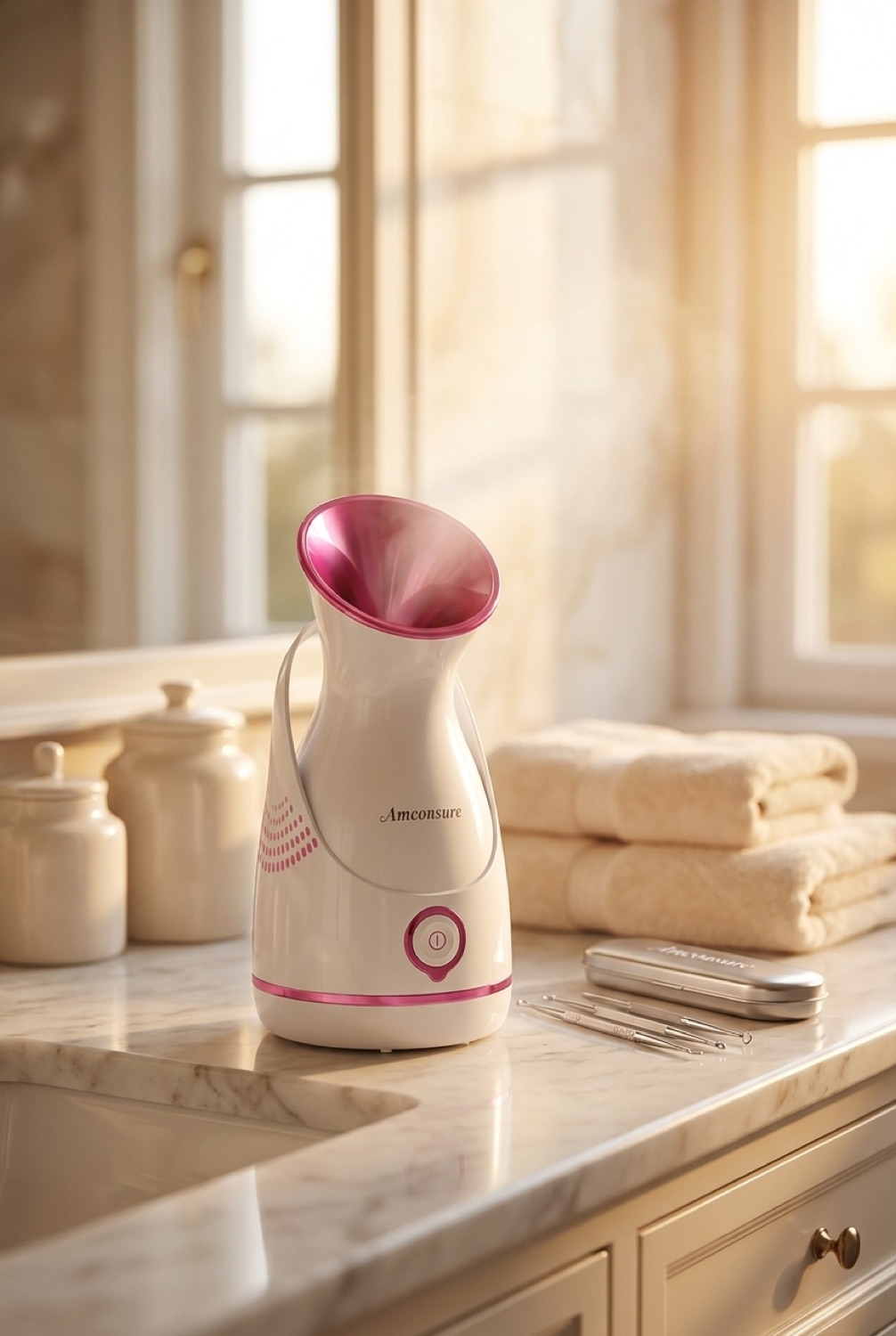 facial steamer on a calm bathroom vanity in soft golden-hour light
