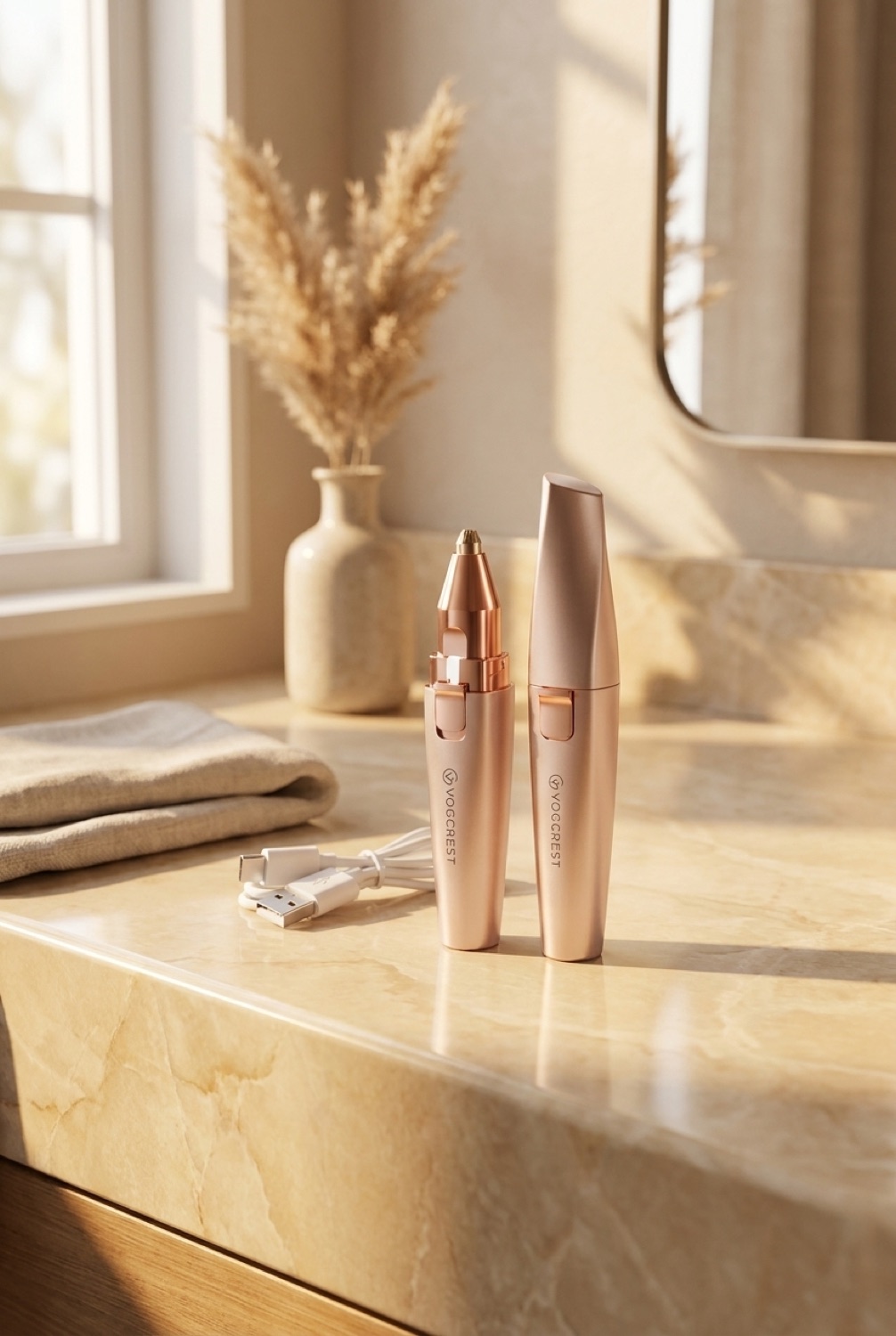 facial trimmer on a calm bathroom vanity in soft golden-hour light