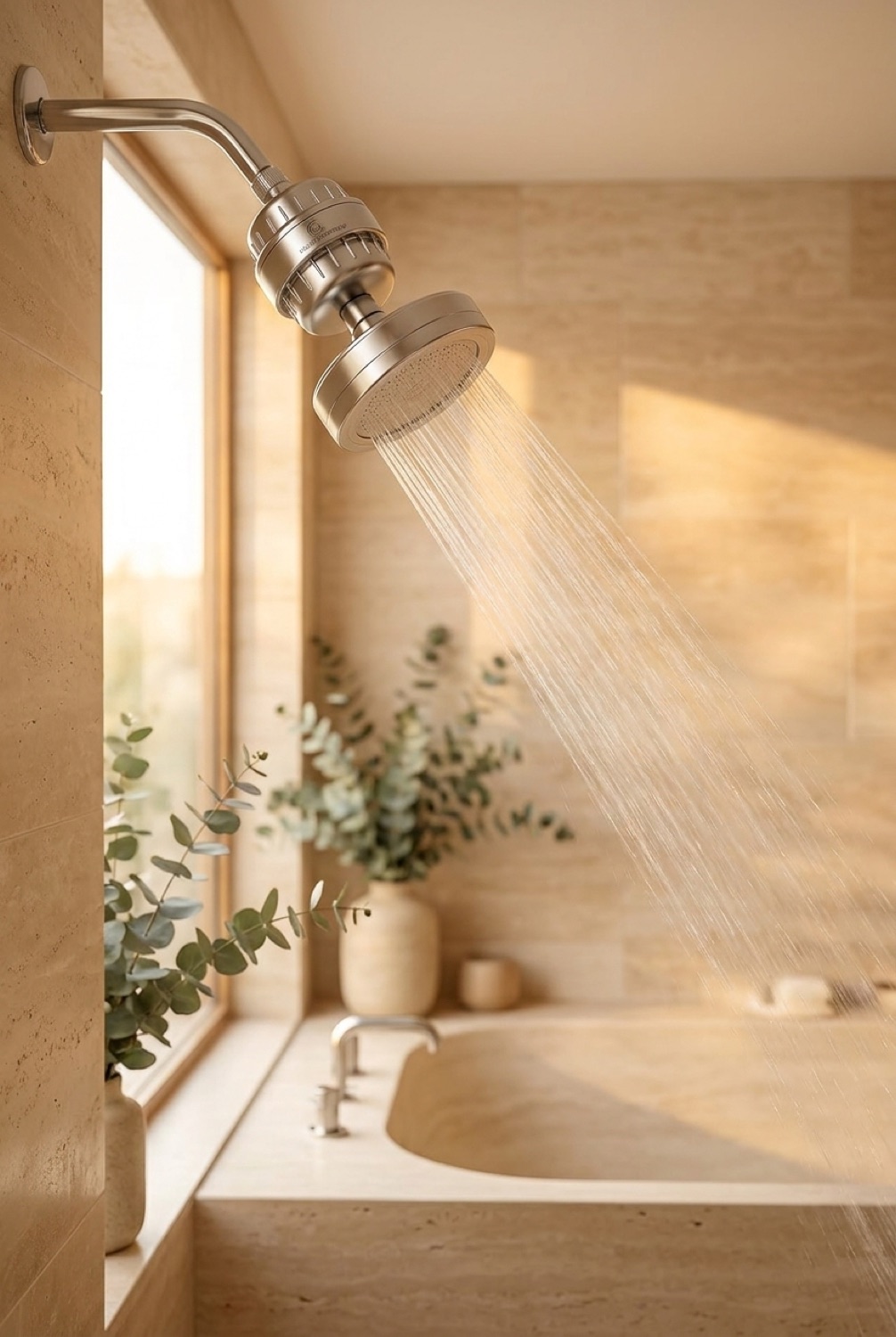 Filtered Shower Head in a serene minimalist bathroom in soft golden-hour light