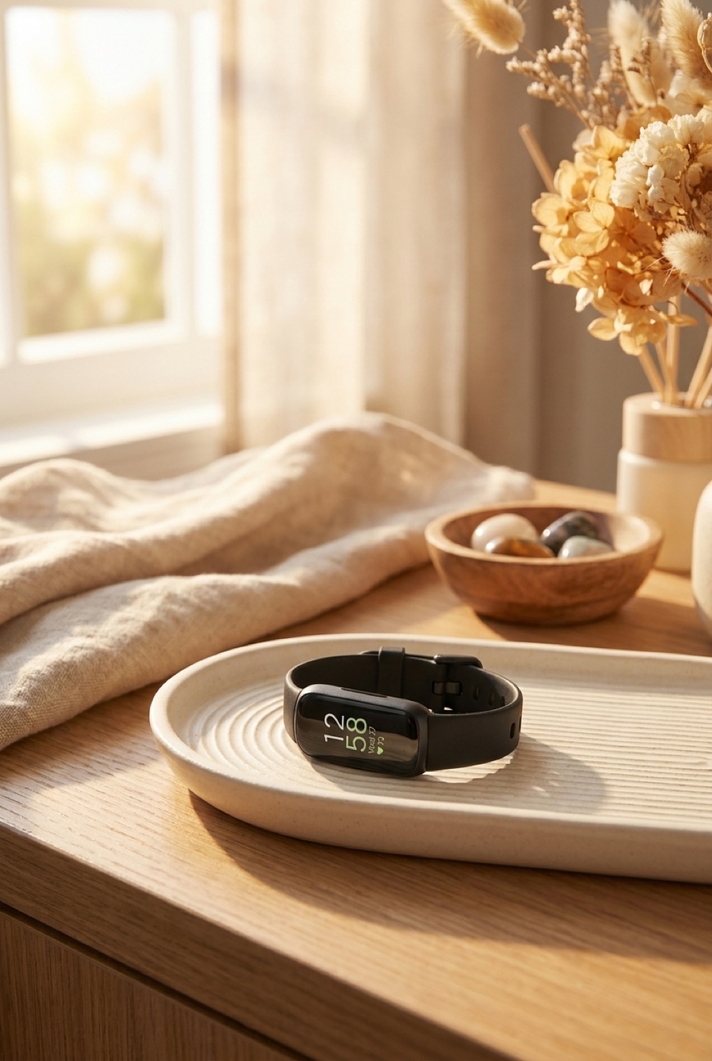 fitness tracker in a calm wellness corner in soft golden-hour light