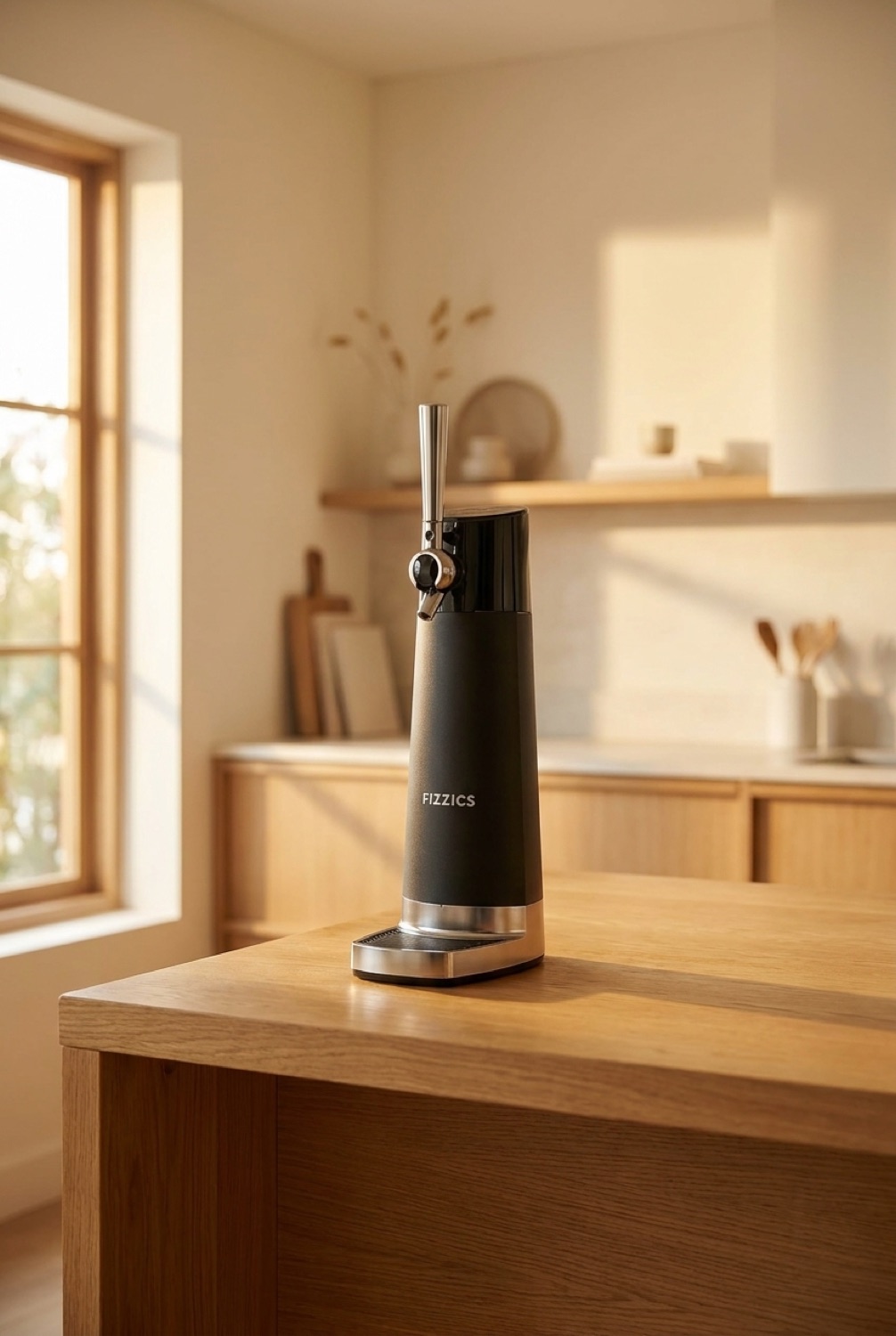 Fizzics DraftPour on a warm oak kitchen counter in soft golden-hour light