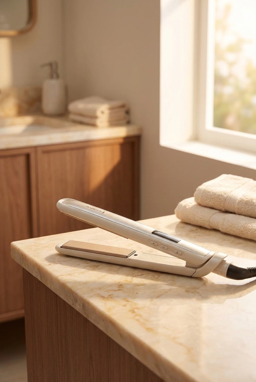 Flat Iron Straightener in a calm bathroom vanity in soft golden-hour light