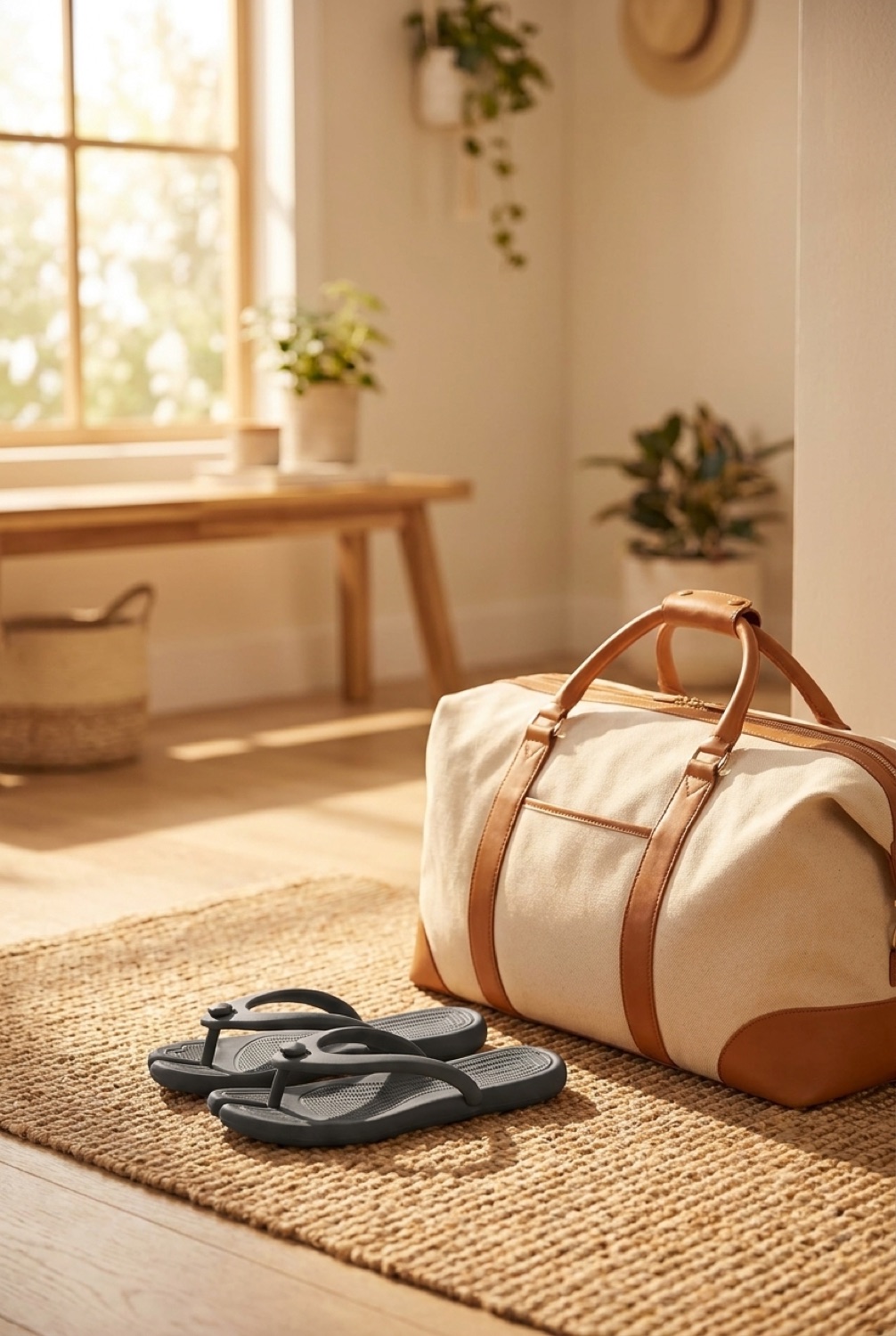 flip flops beside a packed bag in a bright entryway in soft golden-hour light