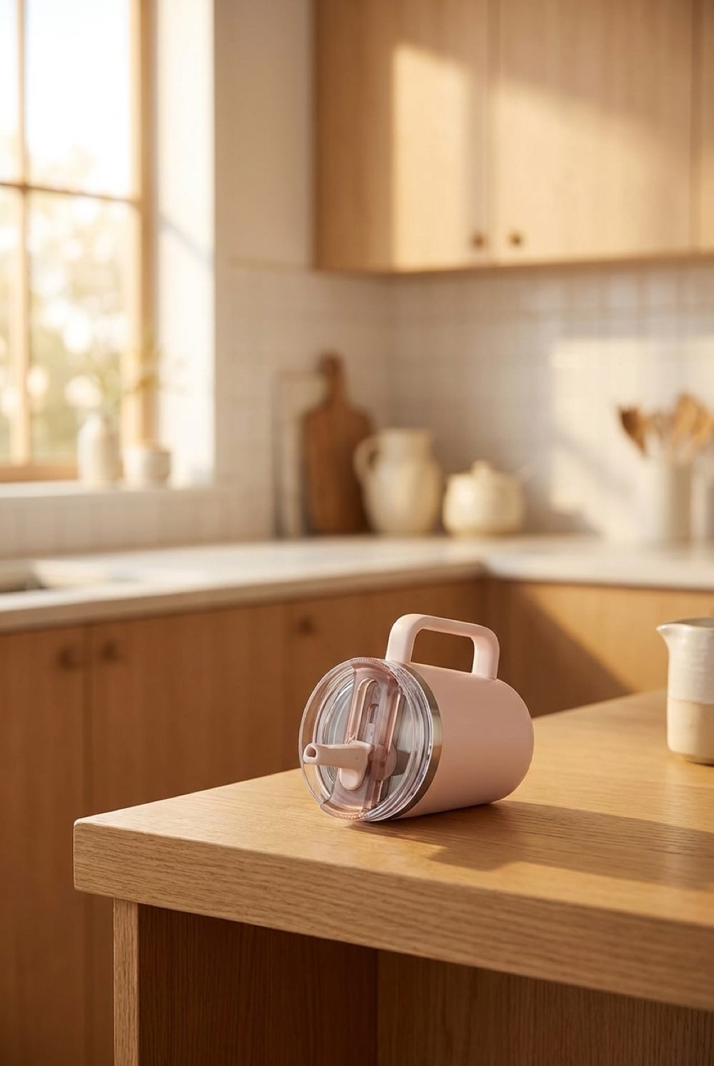 flip straw tumbler on a warm oak kitchen counter in soft golden-hour light