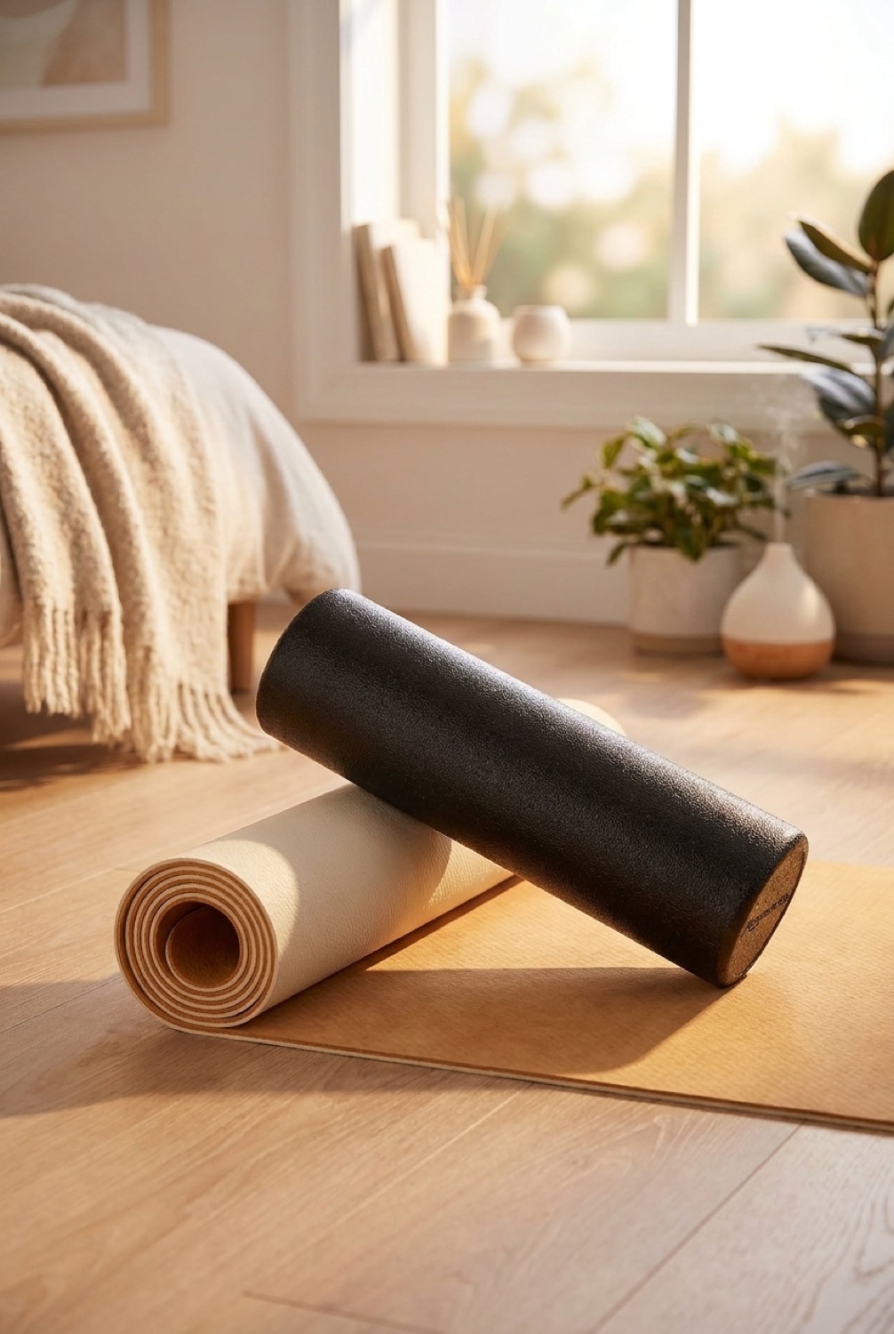 Foam Roller in a restful wellness space in soft golden-hour light