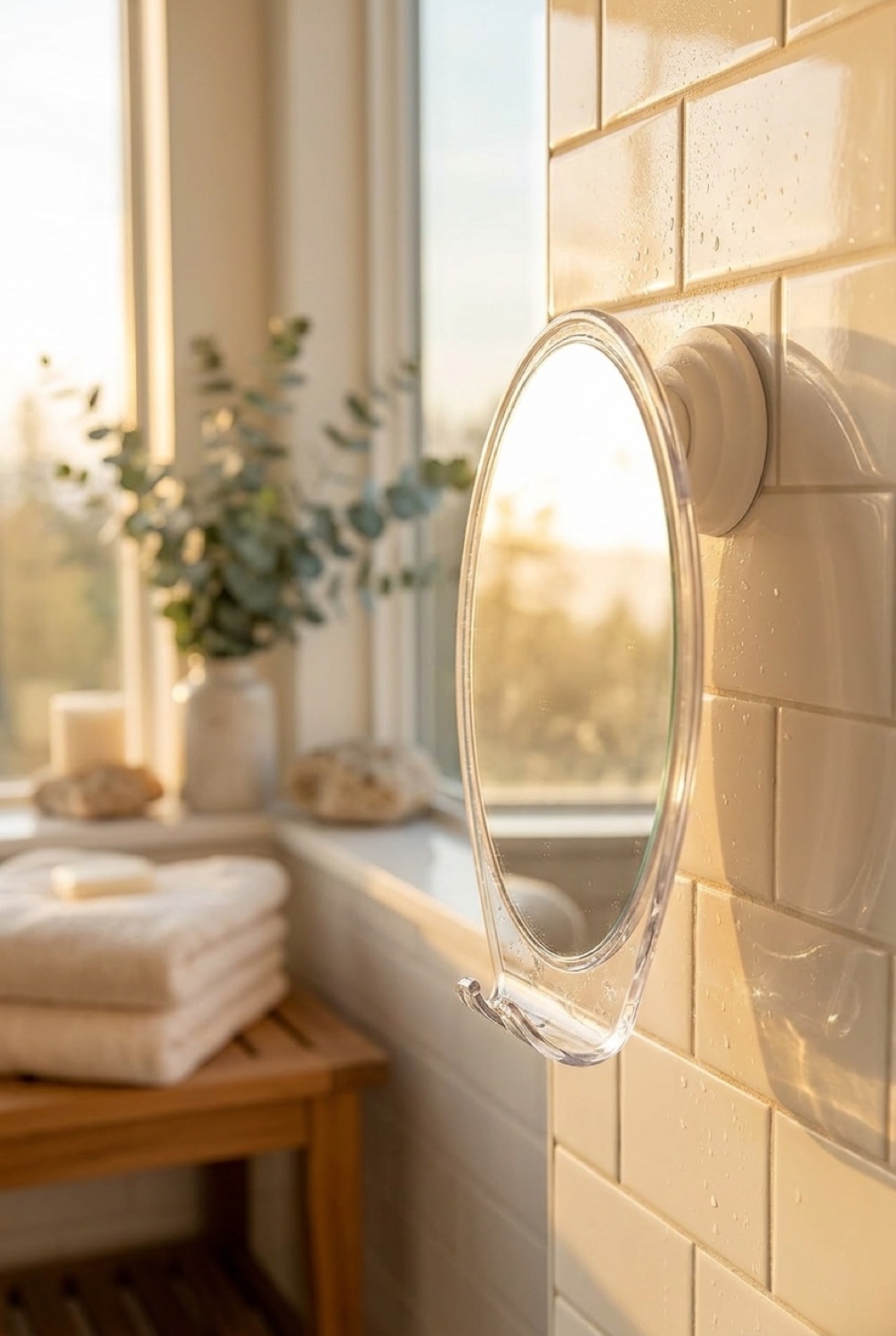 fogless shower mirror in a serene spa-like bathroom in soft golden-hour light