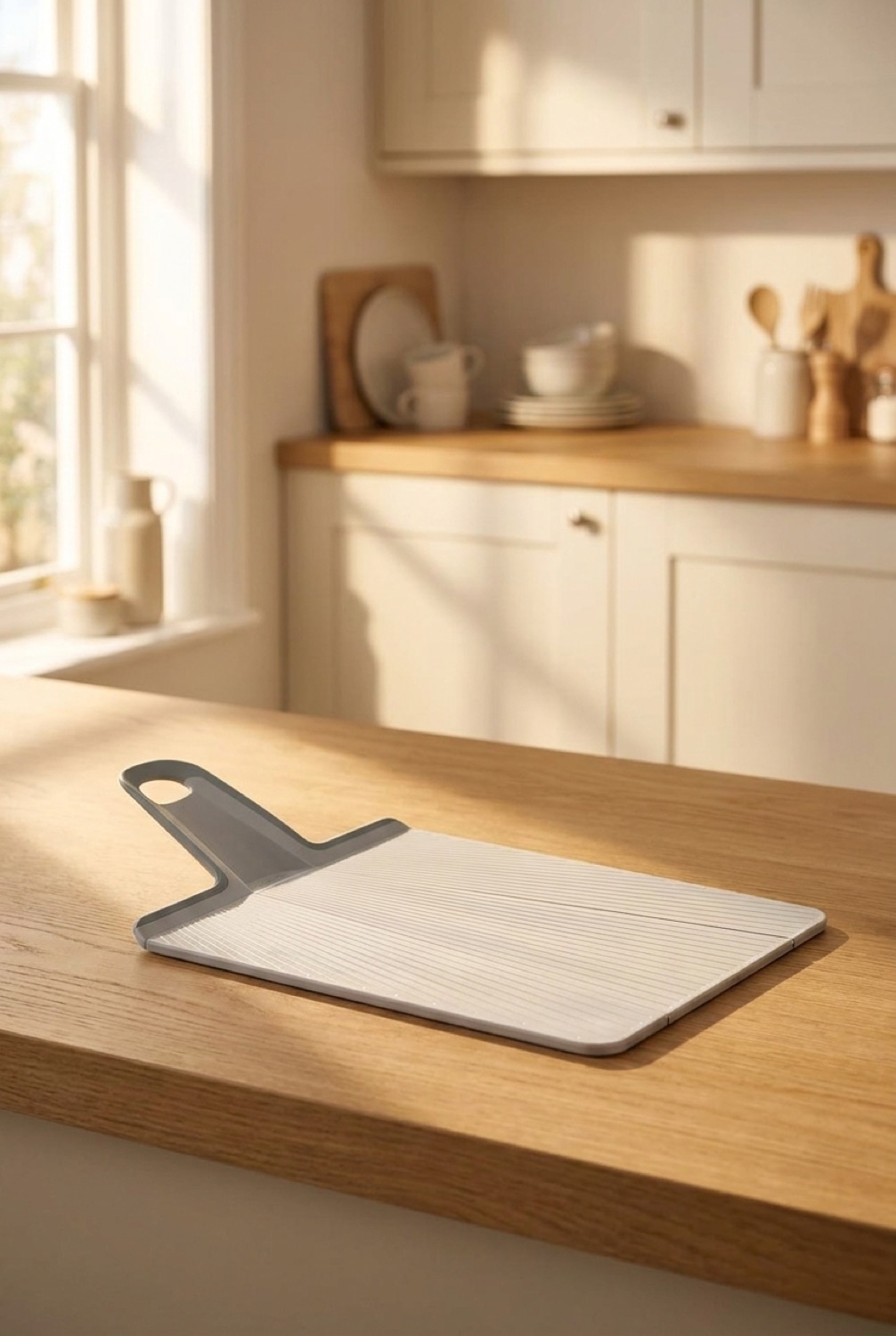 folding cutting board on a warm oak kitchen counter in soft golden-hour light