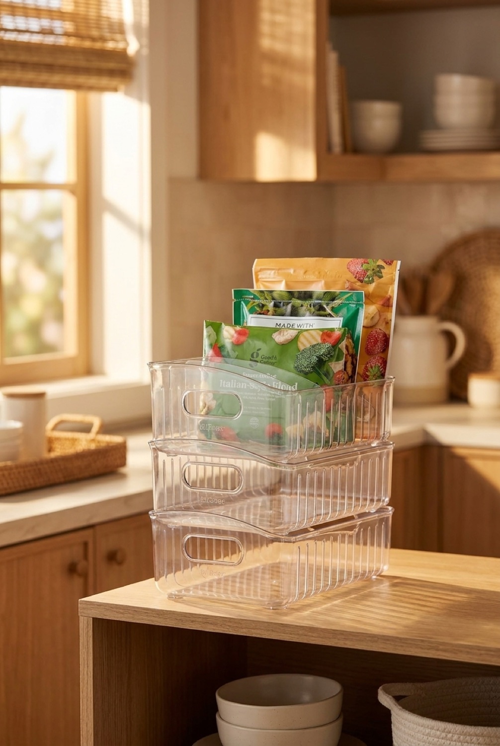 Freezer Organizer Bin in a calm organised home in soft golden-hour light