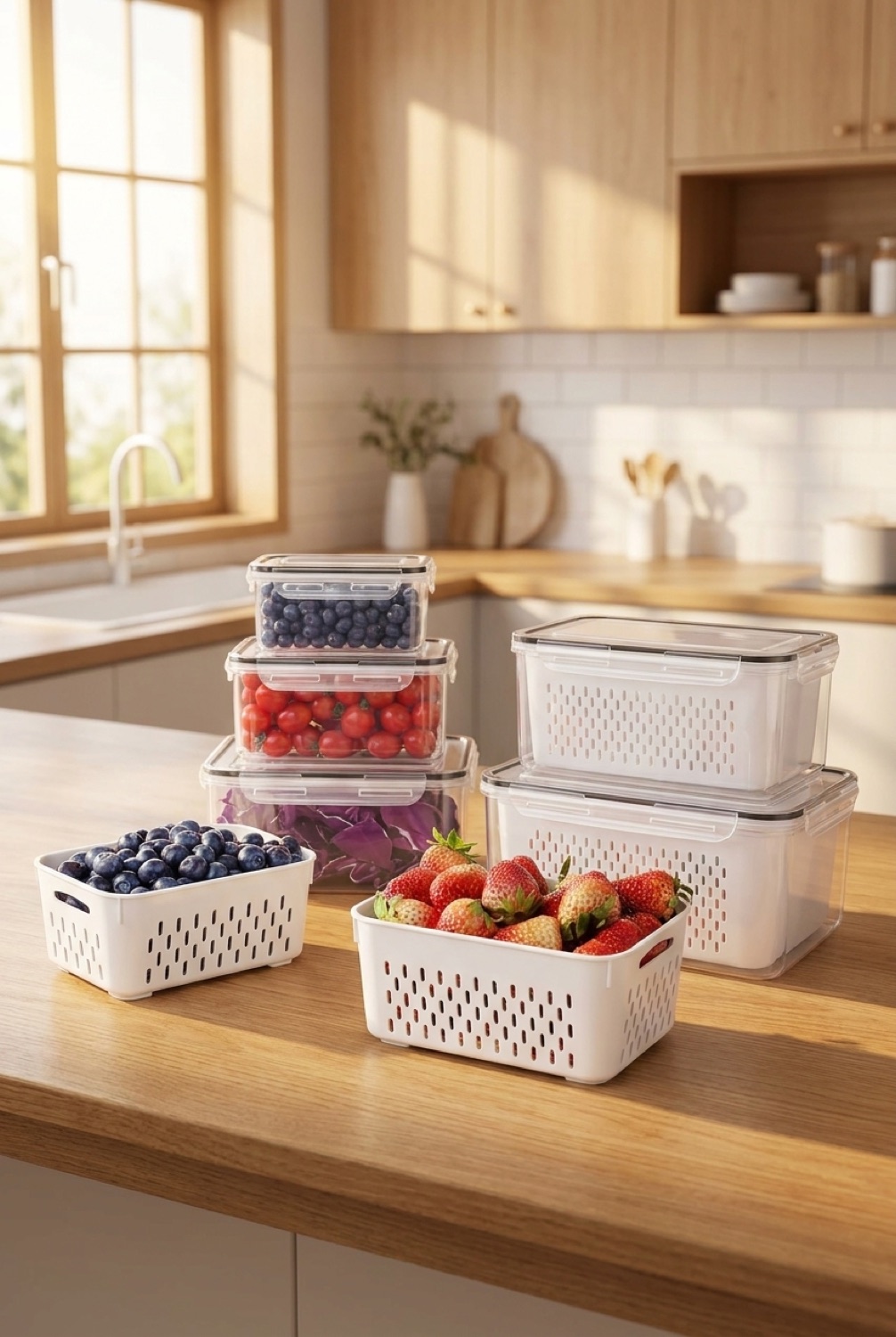 fridge fruit containers on a warm oak kitchen counter in soft golden-hour light