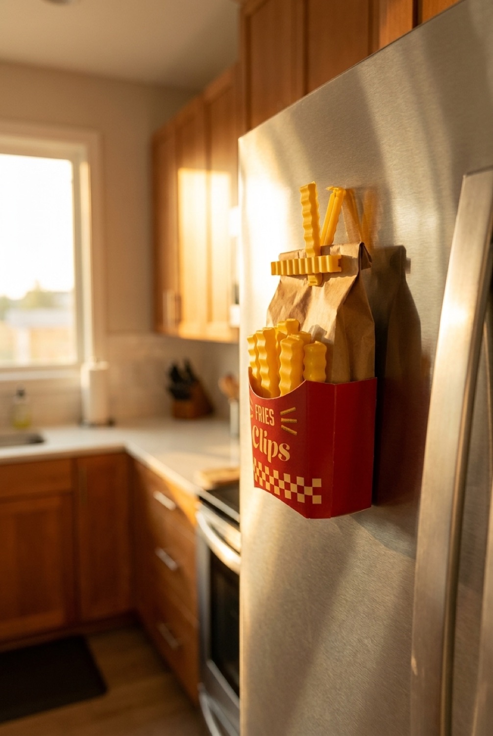 fries bag clips in soft golden-hour light