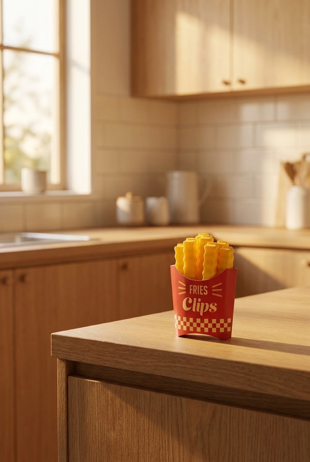 fries bag clips on a warm oak kitchen counter in soft golden-hour light