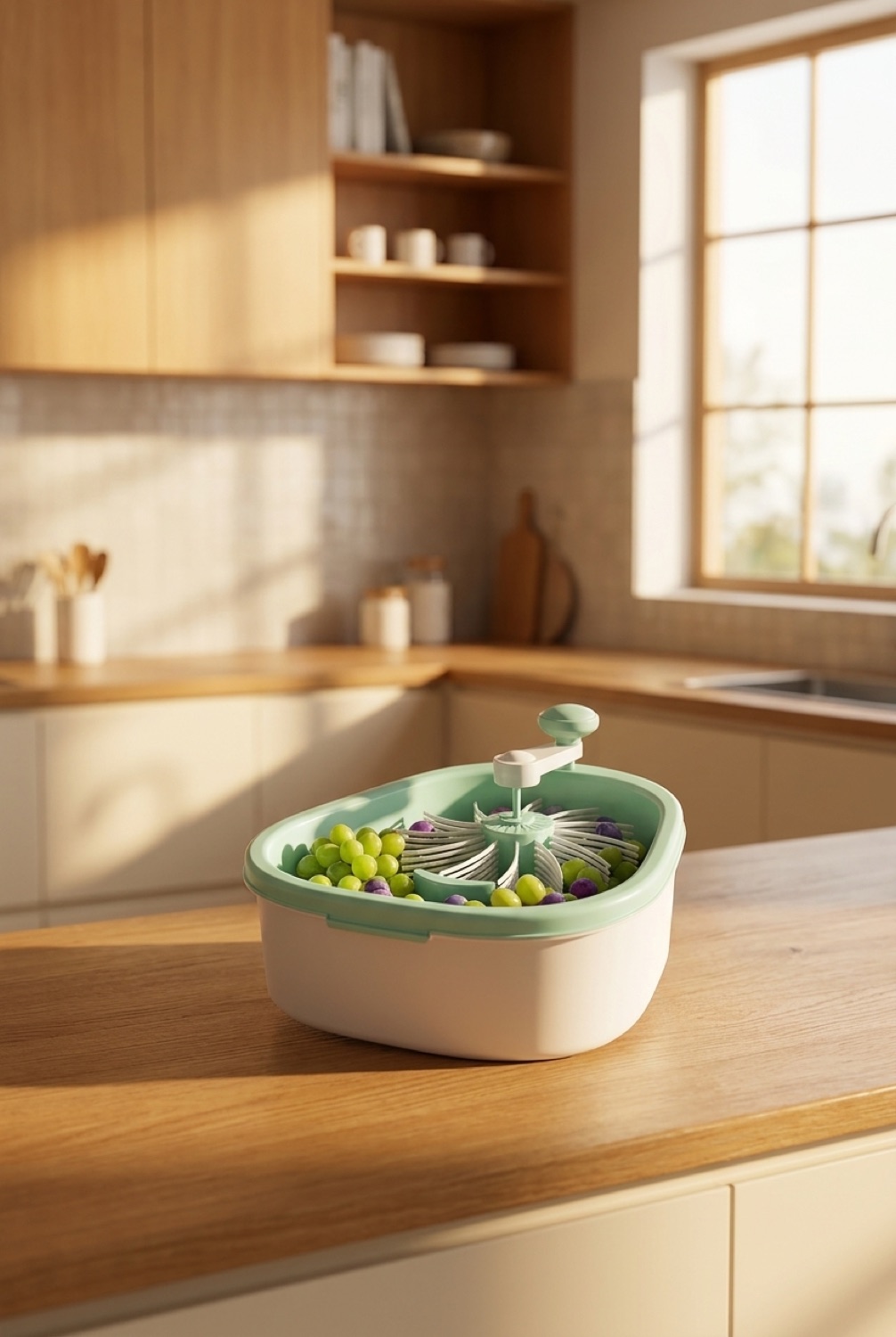 fruit washer on a warm oak kitchen counter in soft golden-hour light