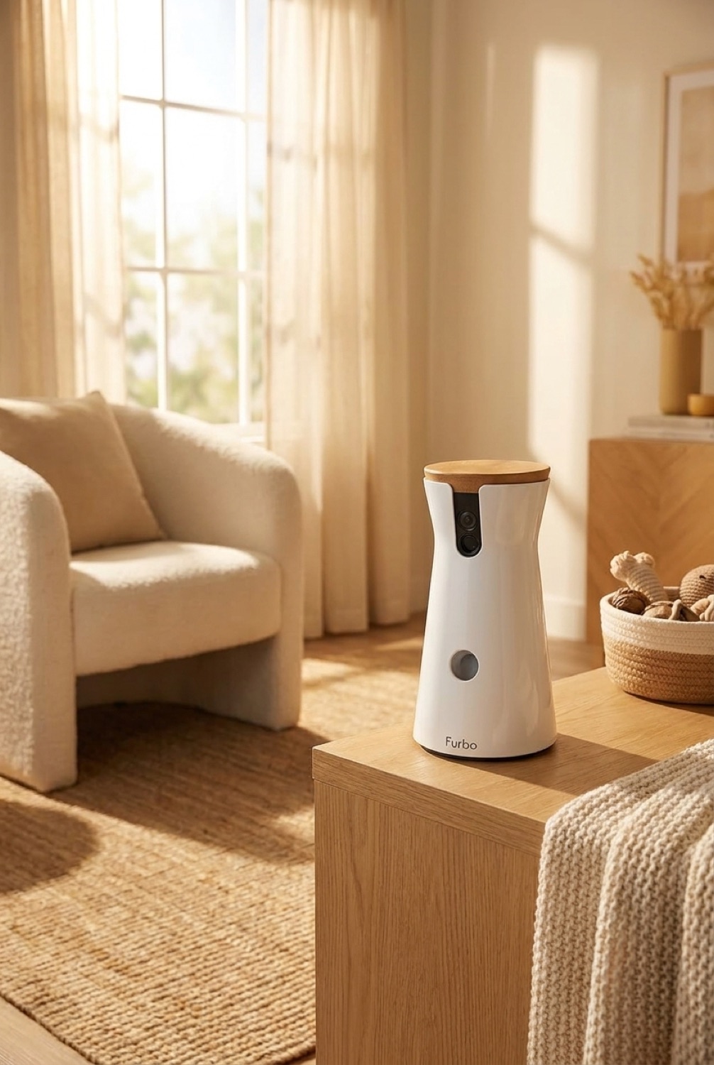 Furbo dog camera in a cosy home pet corner in soft golden-hour light