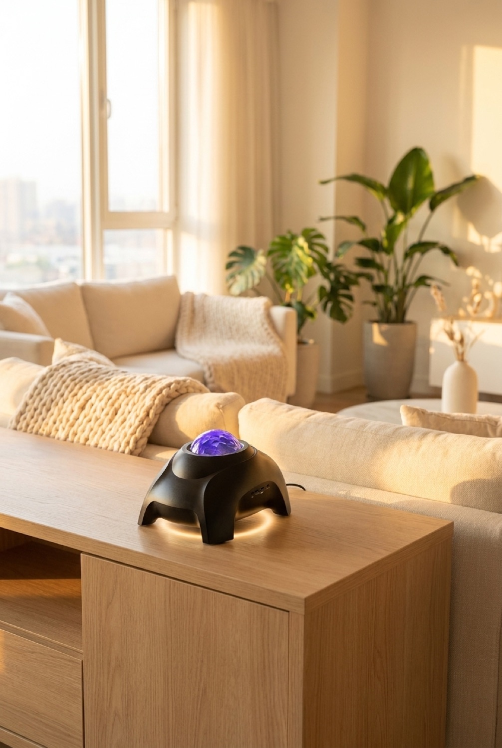 galaxy projector on a clean modern console in soft golden-hour light