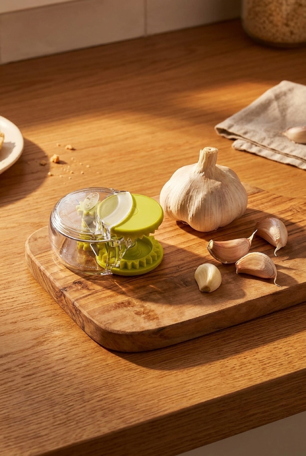 garlic dicer in soft golden-hour light