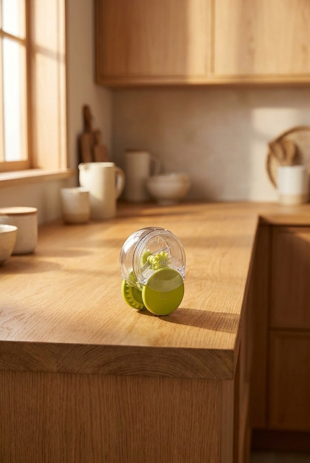 garlic dicer on a warm oak kitchen counter in soft golden-hour light