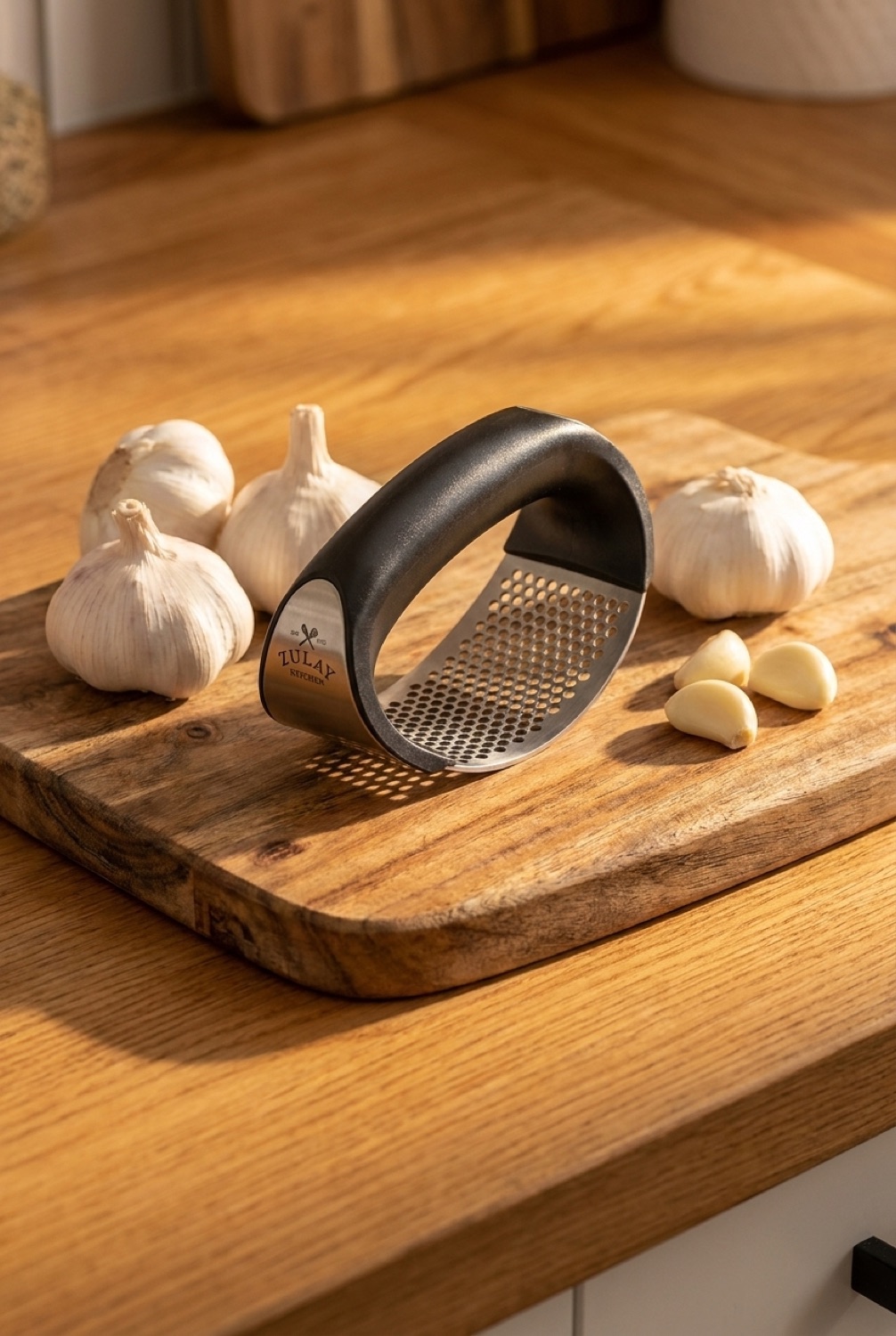 garlic press rocker in soft golden-hour light