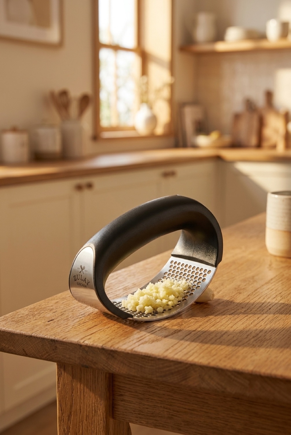 garlic press rocker on a warm oak kitchen counter in soft golden-hour light