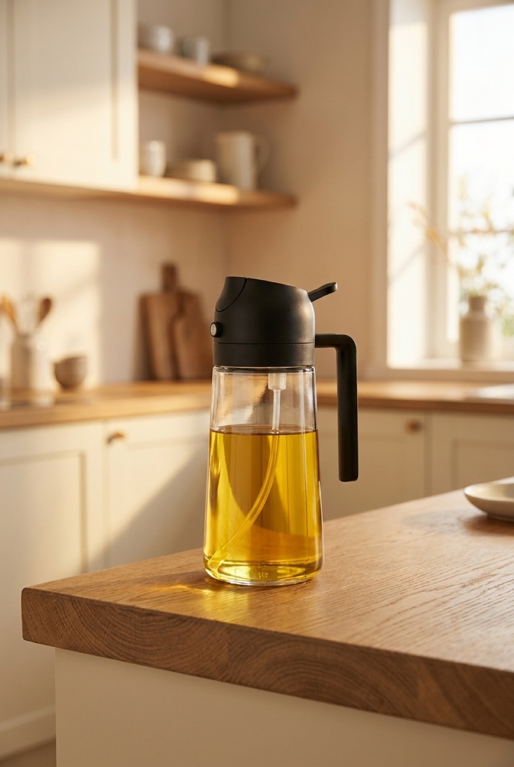 glass olive oil sprayer on a warm oak kitchen counter in soft golden-hour light