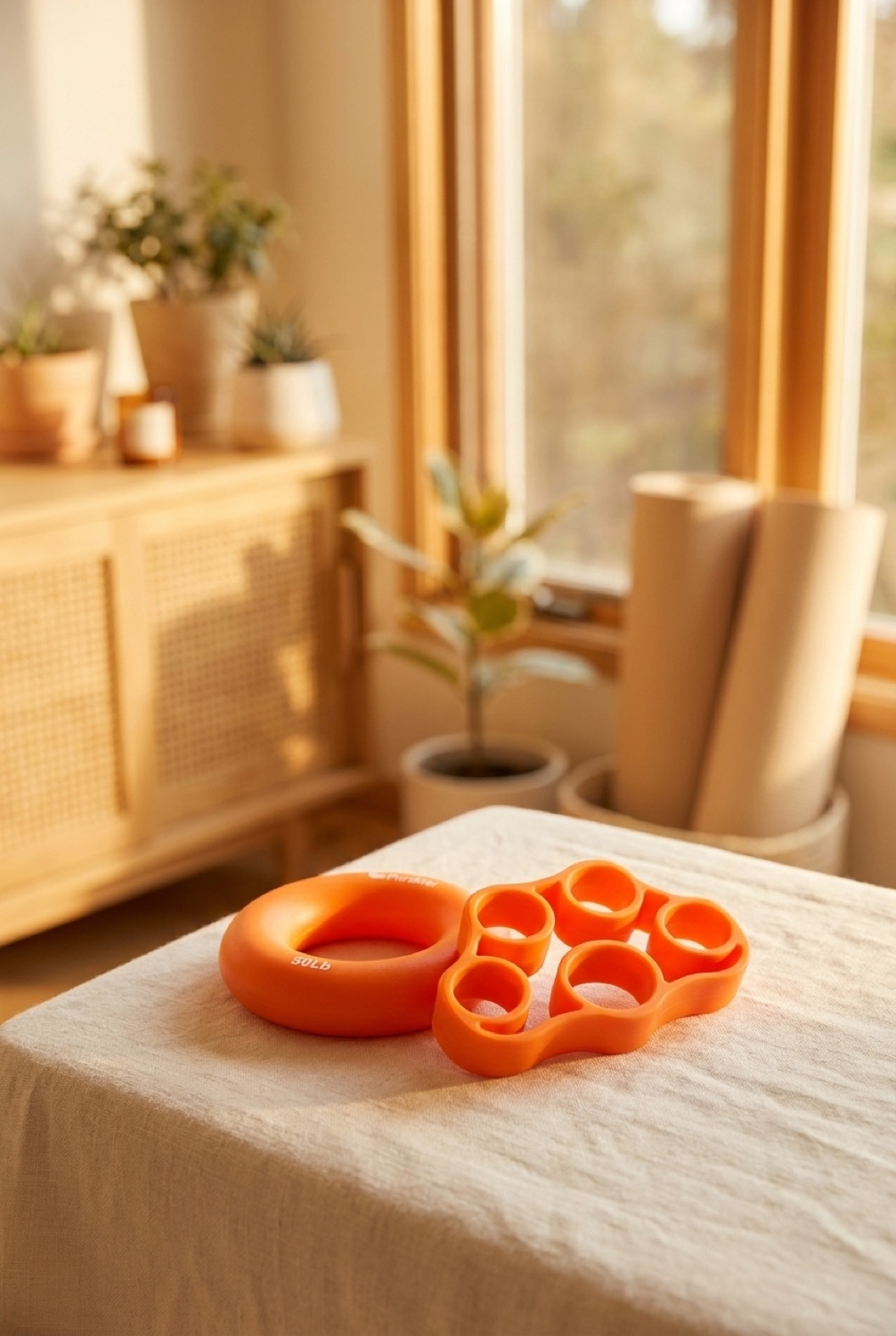 grip strengthener in a calm wellness corner in soft golden-hour light