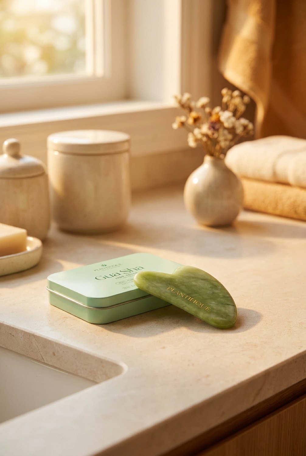 gua sha facial tool on a calm bathroom vanity in soft golden-hour light