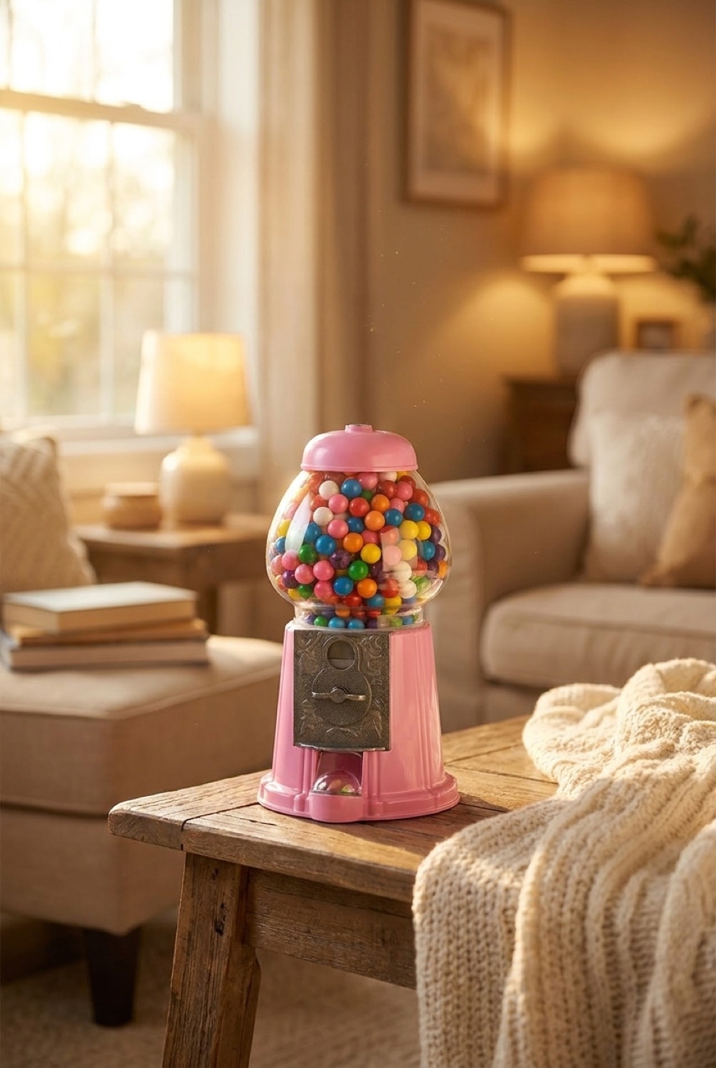 gumball machine in a warm cosy living room in soft golden-hour light
