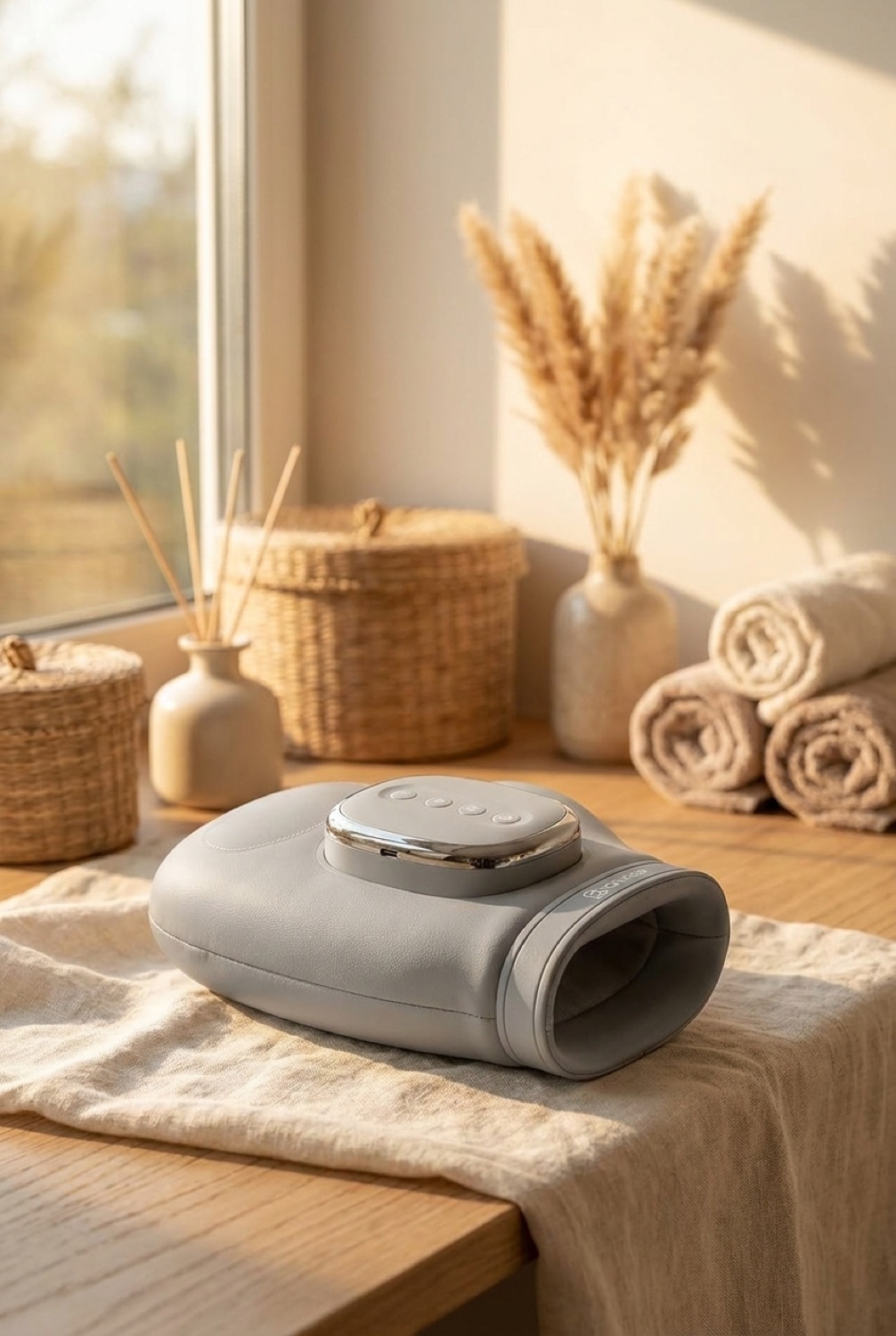 hand massager in a calm wellness corner in soft golden-hour light