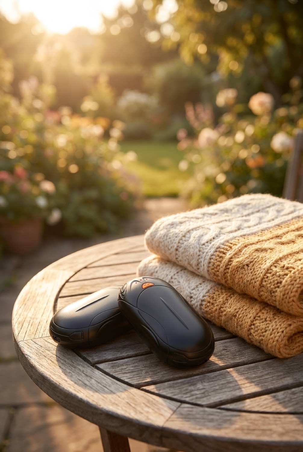 Hand Warmers in a sunny calm garden in soft golden-hour light
