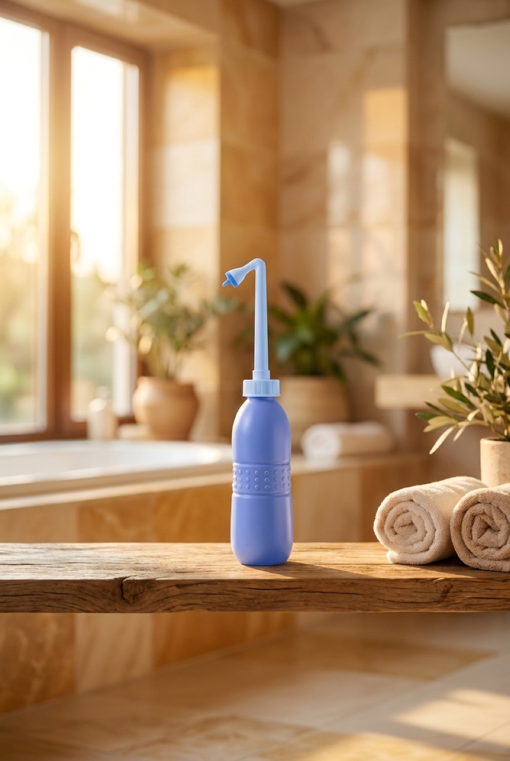handheld bidet in a serene spa-like bathroom in soft golden-hour light