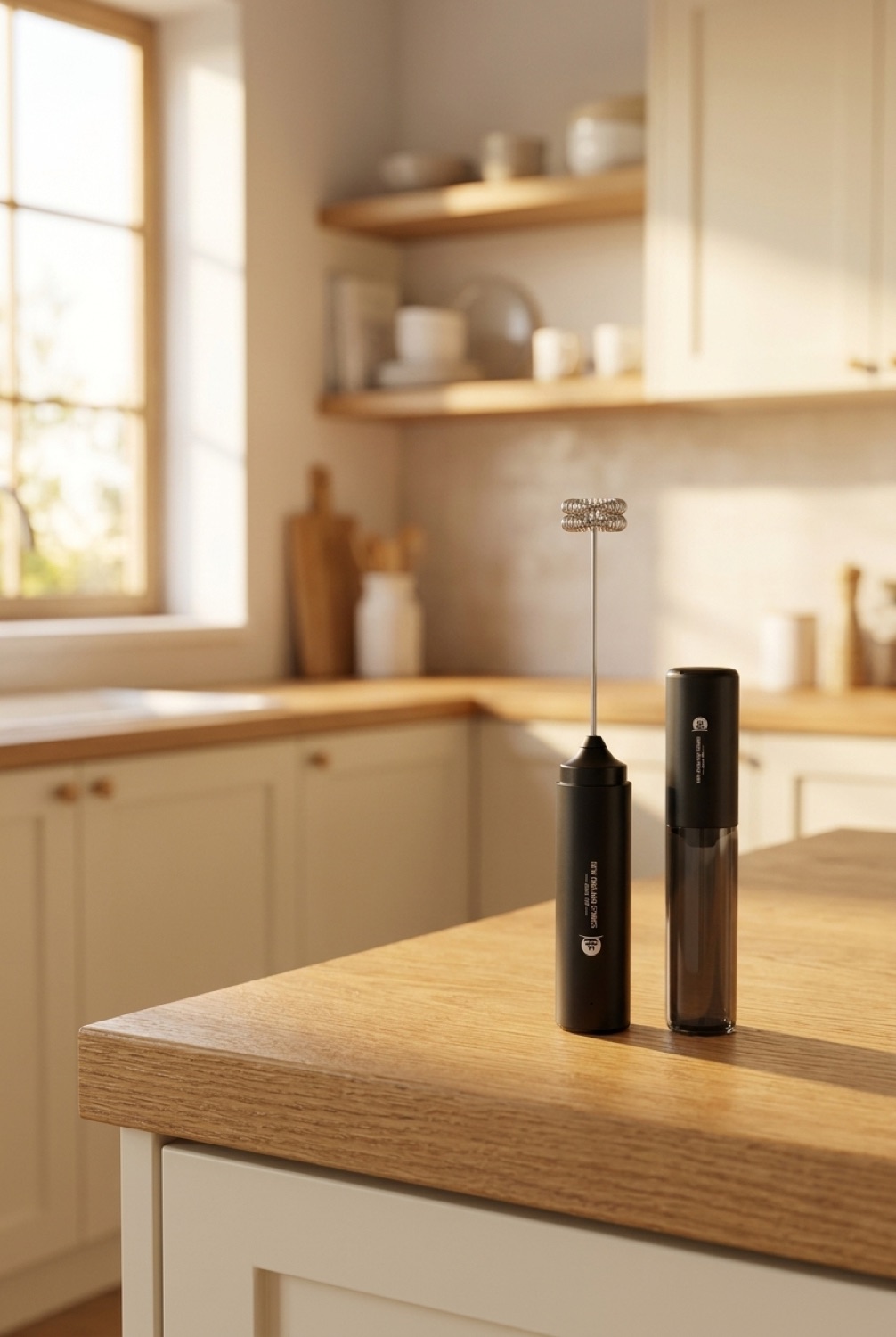 handheld milk frother on a warm oak kitchen counter in soft golden-hour light