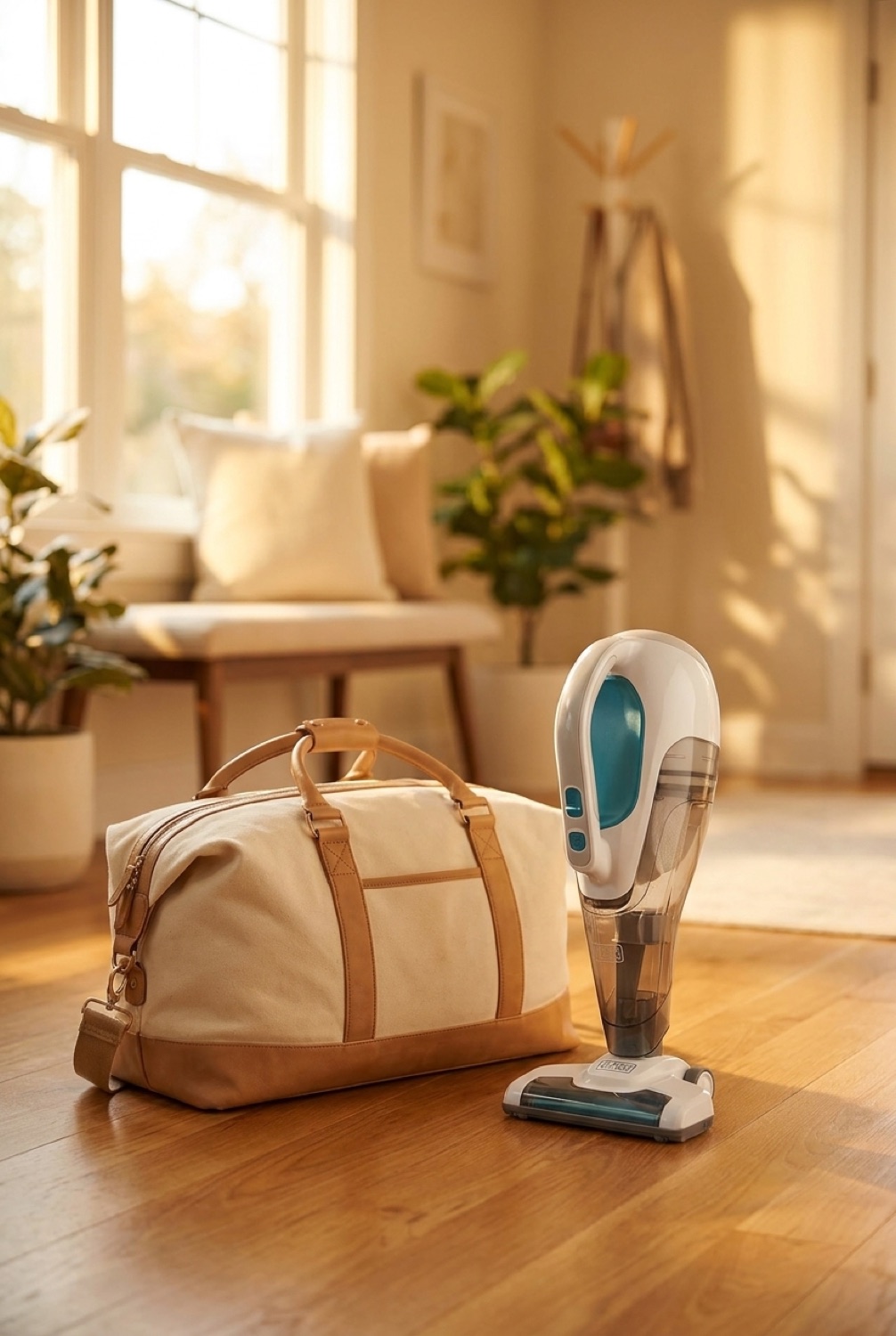 handheld vacuum beside a packed bag in a bright entryway in soft golden-hour light