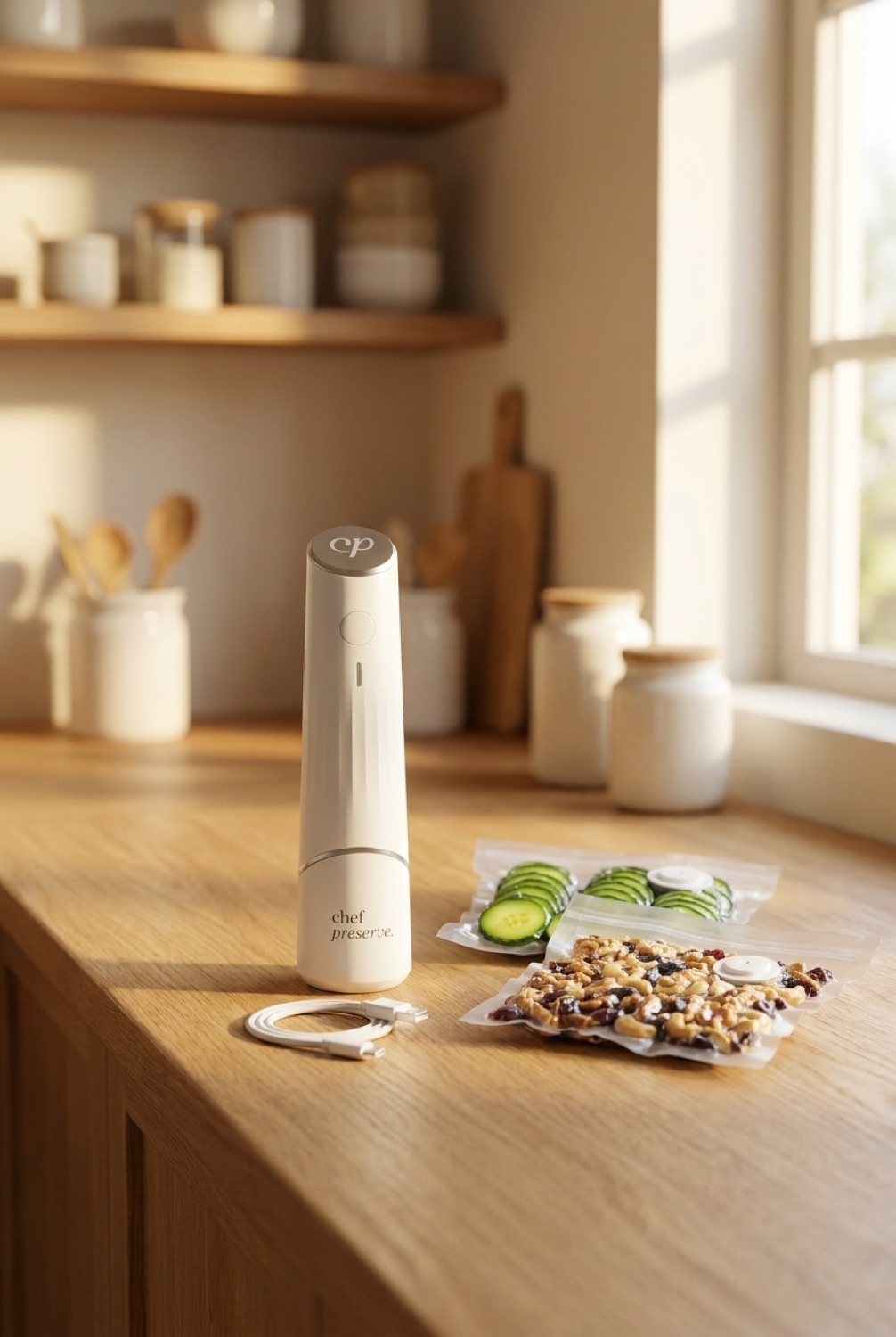 handheld vacuum sealer on a warm oak kitchen counter in soft golden-hour light