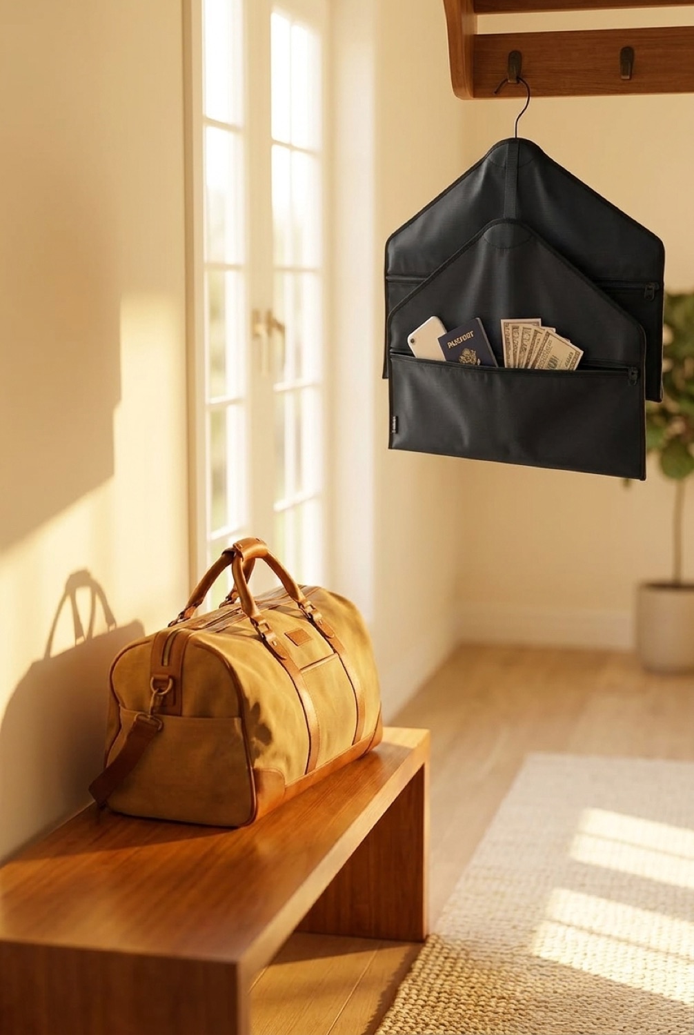 Hanger Safe in a calm bright entryway in soft golden-hour light