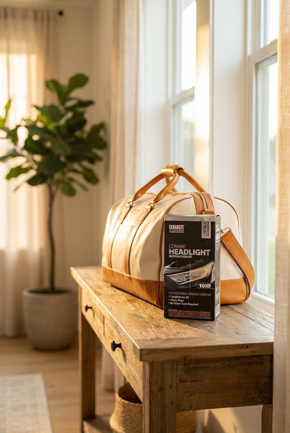 Headlight Restoration Kit in a calm bright entryway in soft golden-hour light