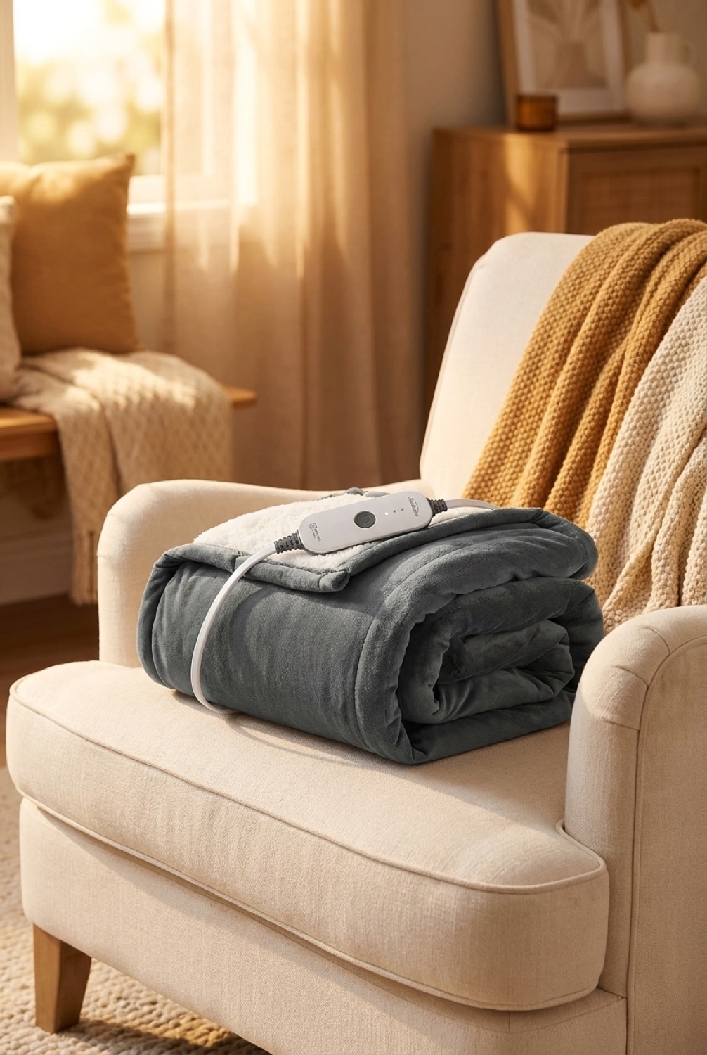 heated blanket in a warm cosy living room in soft golden-hour light