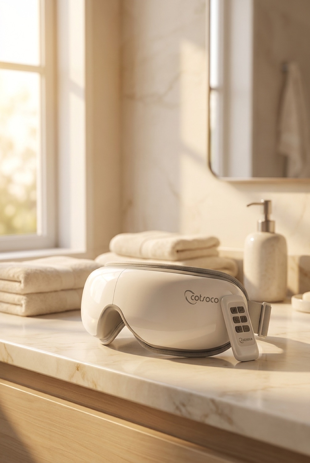 heated eye massager on a calm bathroom vanity in soft golden-hour light