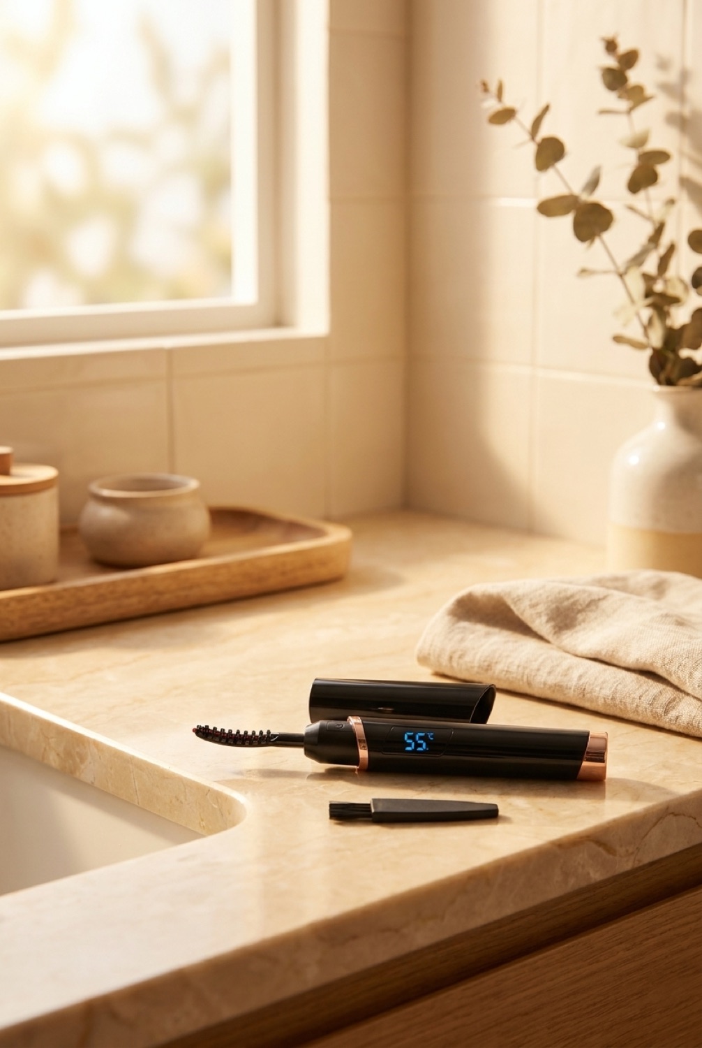 heated eyelash curler on a calm bathroom vanity in soft golden-hour light