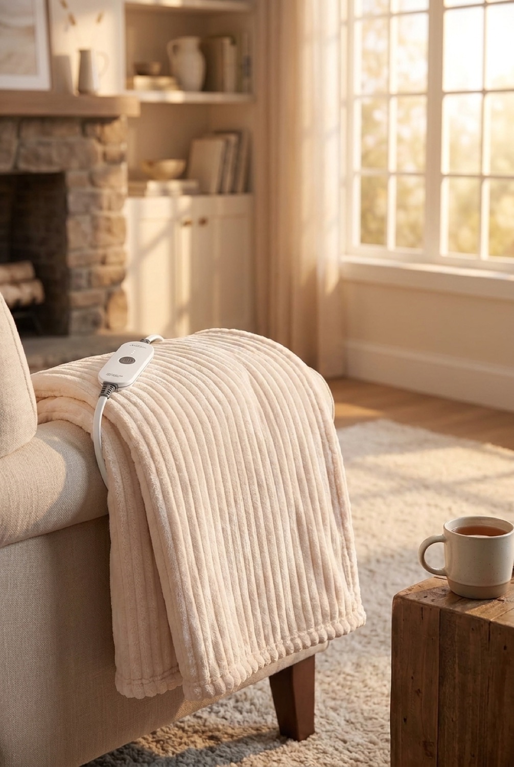 heated throw blanket in a warm cosy living room in soft golden-hour light
