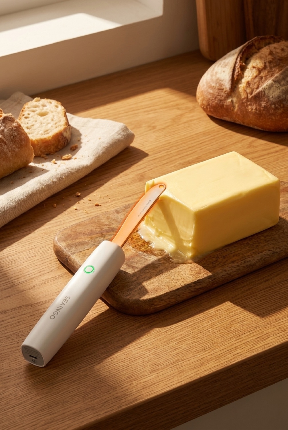 heating butter knife in soft golden-hour light