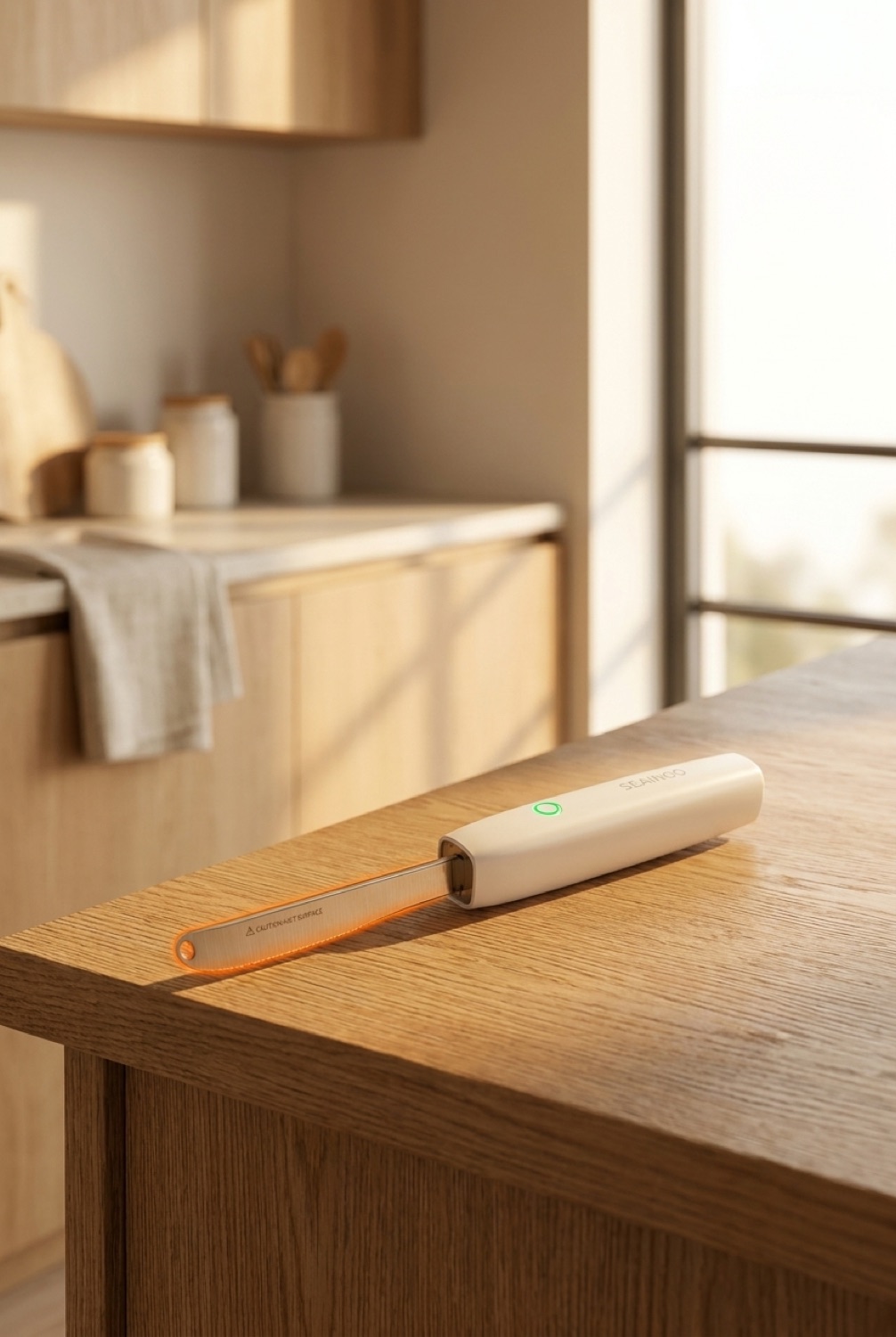 heating butter knife on a warm oak kitchen counter in soft golden-hour light