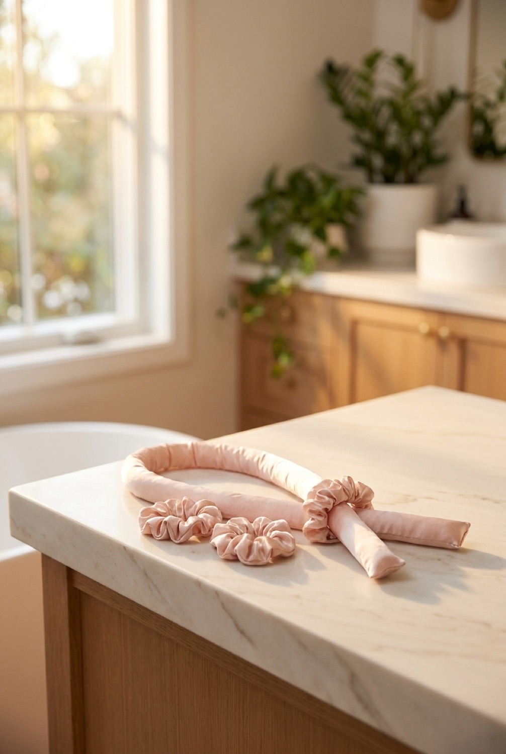 heatless curls set on a calm bathroom vanity in soft golden-hour light