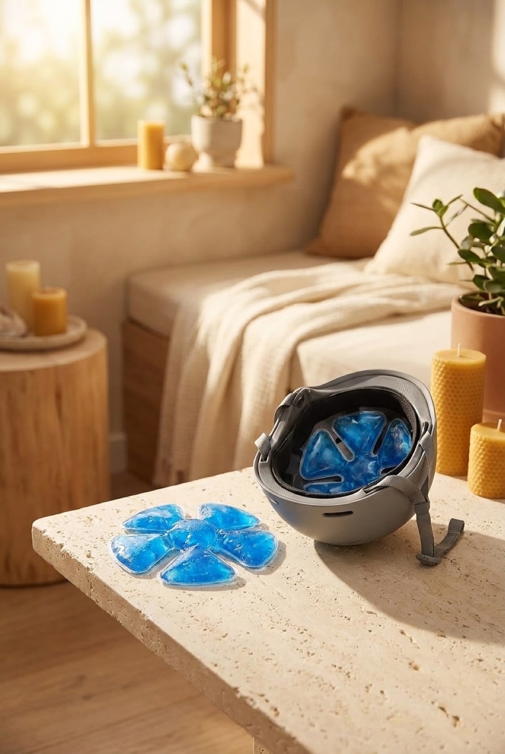 helmet cooling pack in a calm wellness corner in soft golden-hour light