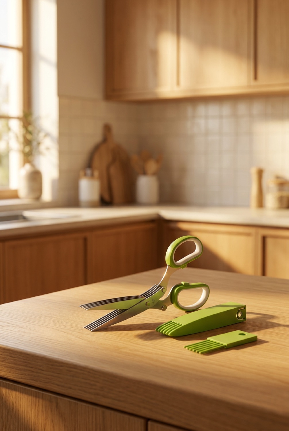 herb scissors on a warm oak kitchen counter in soft golden-hour light