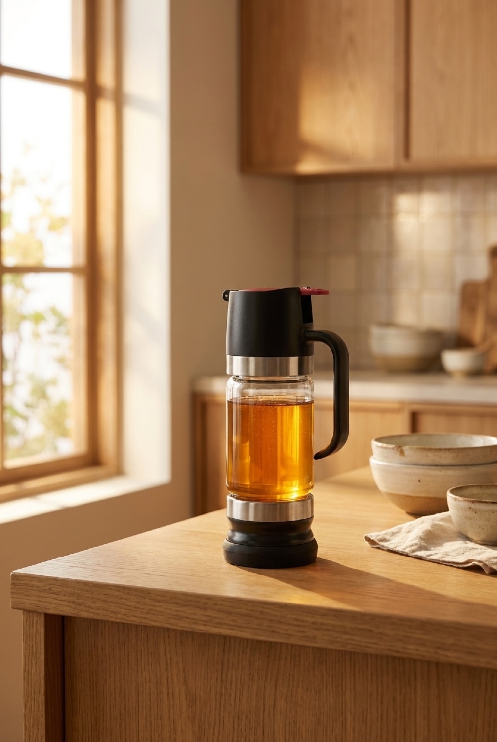 honey dispenser on a warm oak kitchen counter in soft golden-hour light