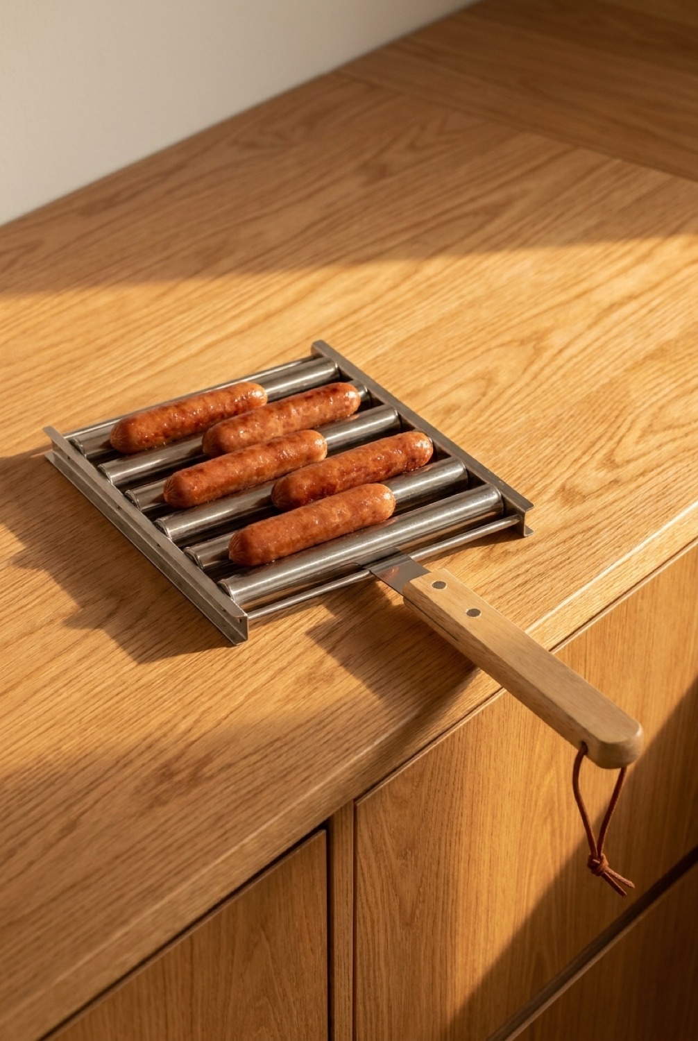 hot dog roller on a warm oak kitchen counter in soft golden-hour light