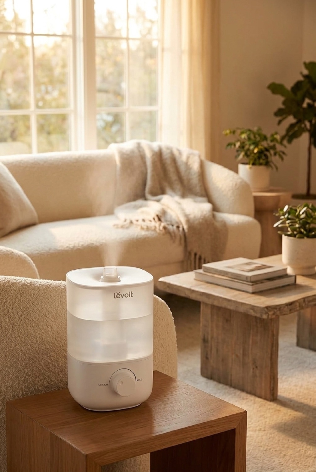 humidifier in a warm cosy living room in soft golden-hour light