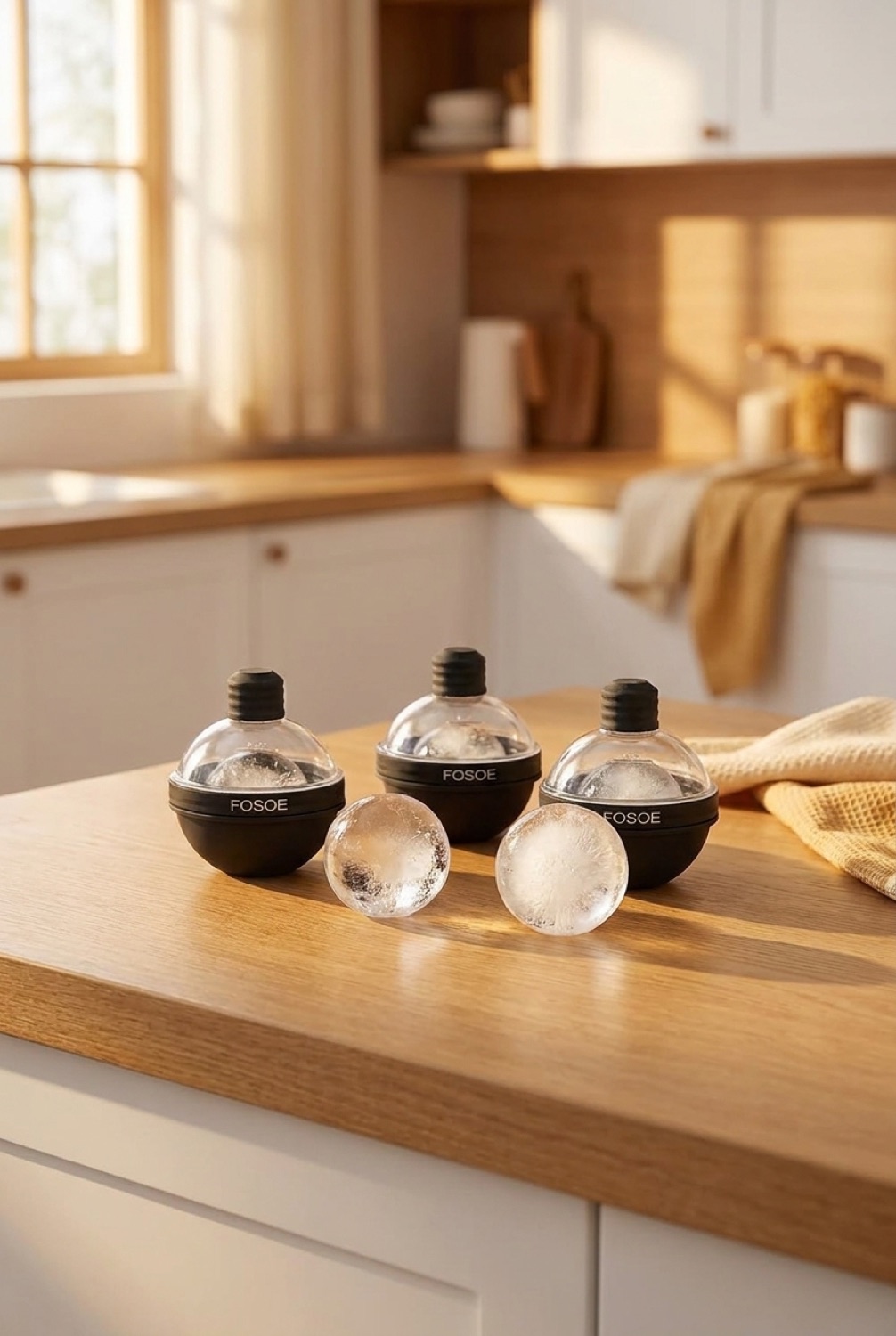 ice ball molds on a warm oak kitchen counter in soft golden-hour light