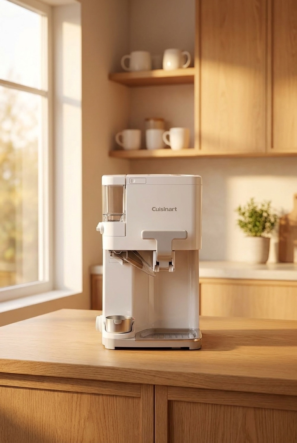 ice cream machine on a warm oak kitchen counter in soft golden-hour light