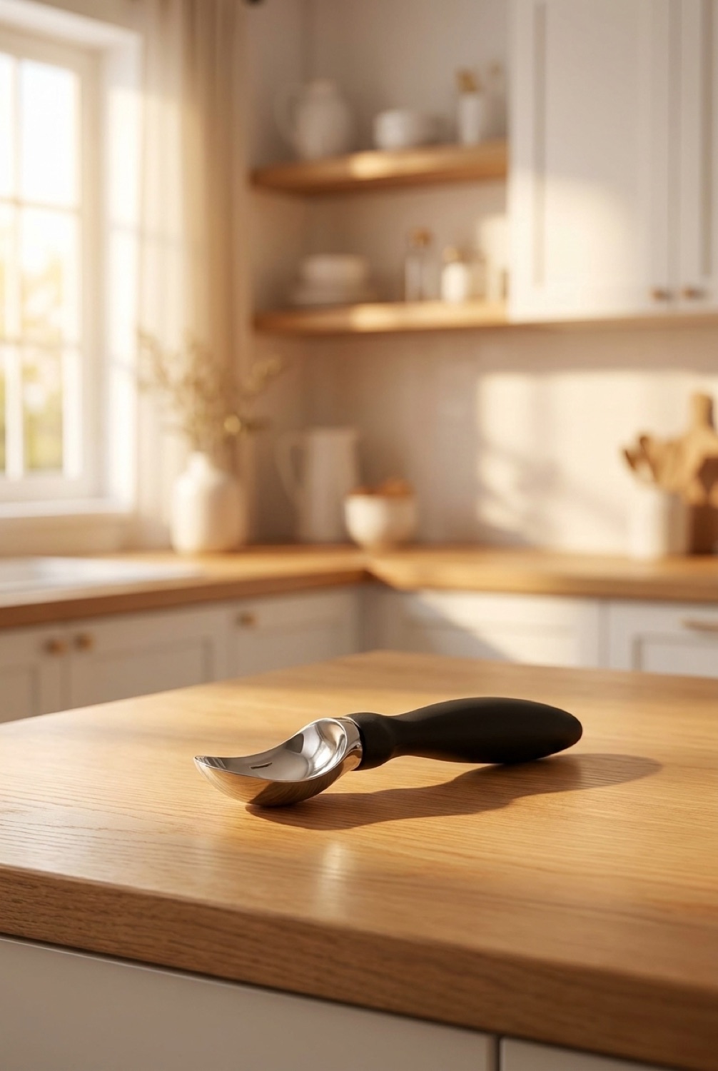 Ice Cream Scoop in a minimalist Scandinavian kitchen in soft golden-hour light
