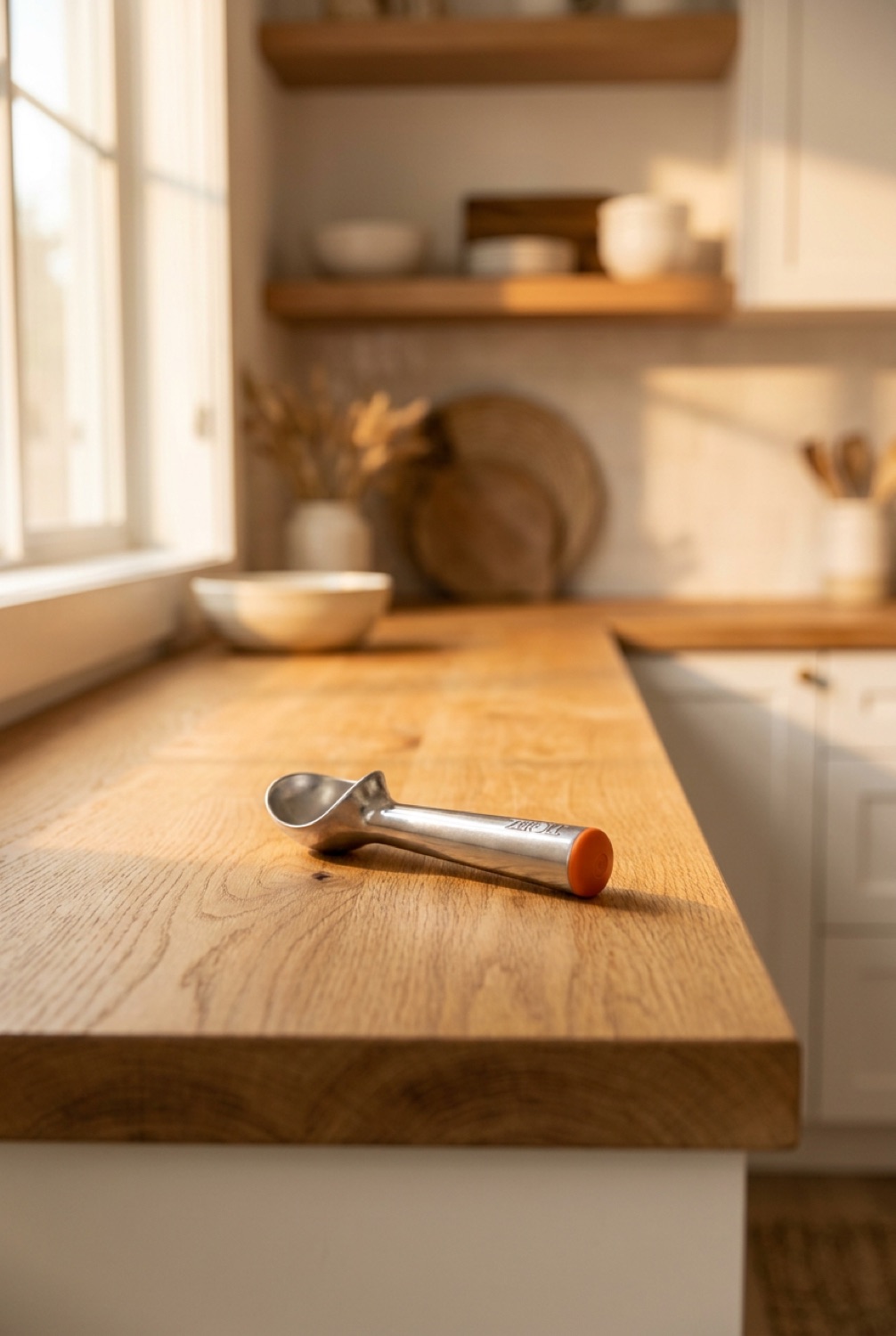 ice cream scoop on a warm oak kitchen counter in soft golden-hour light
